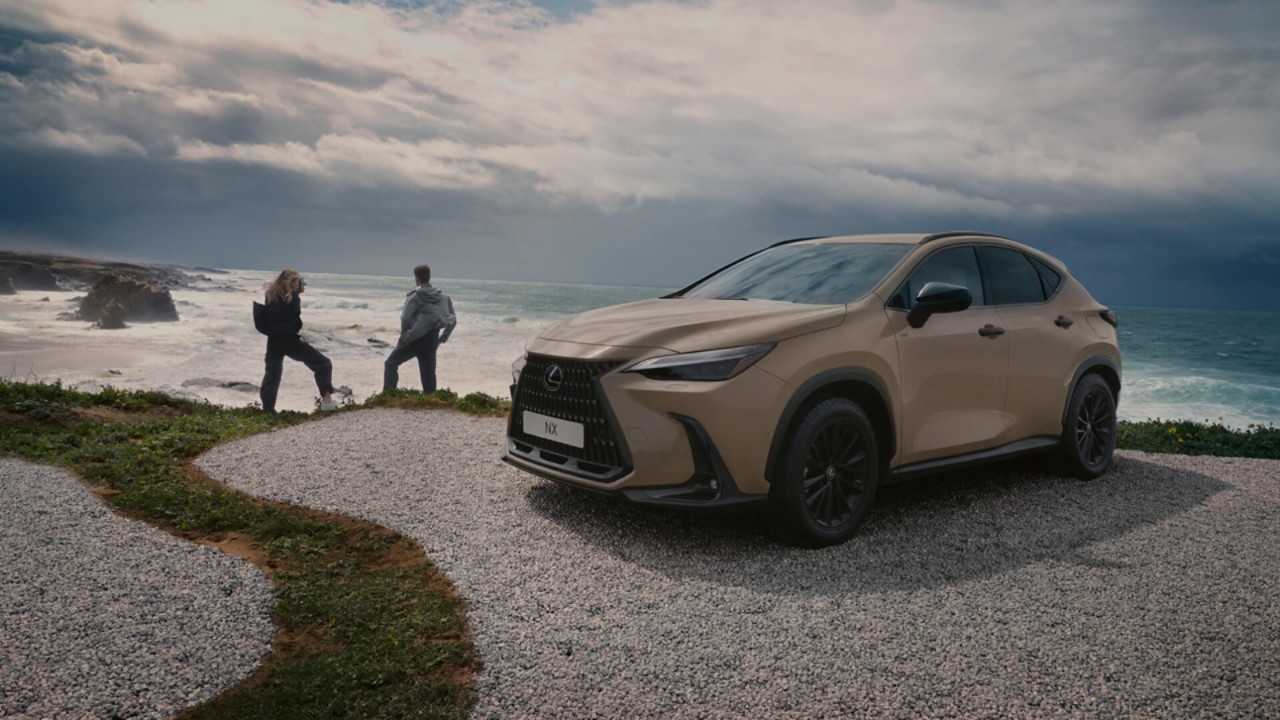 Two people stood next to a parked Lexus NX